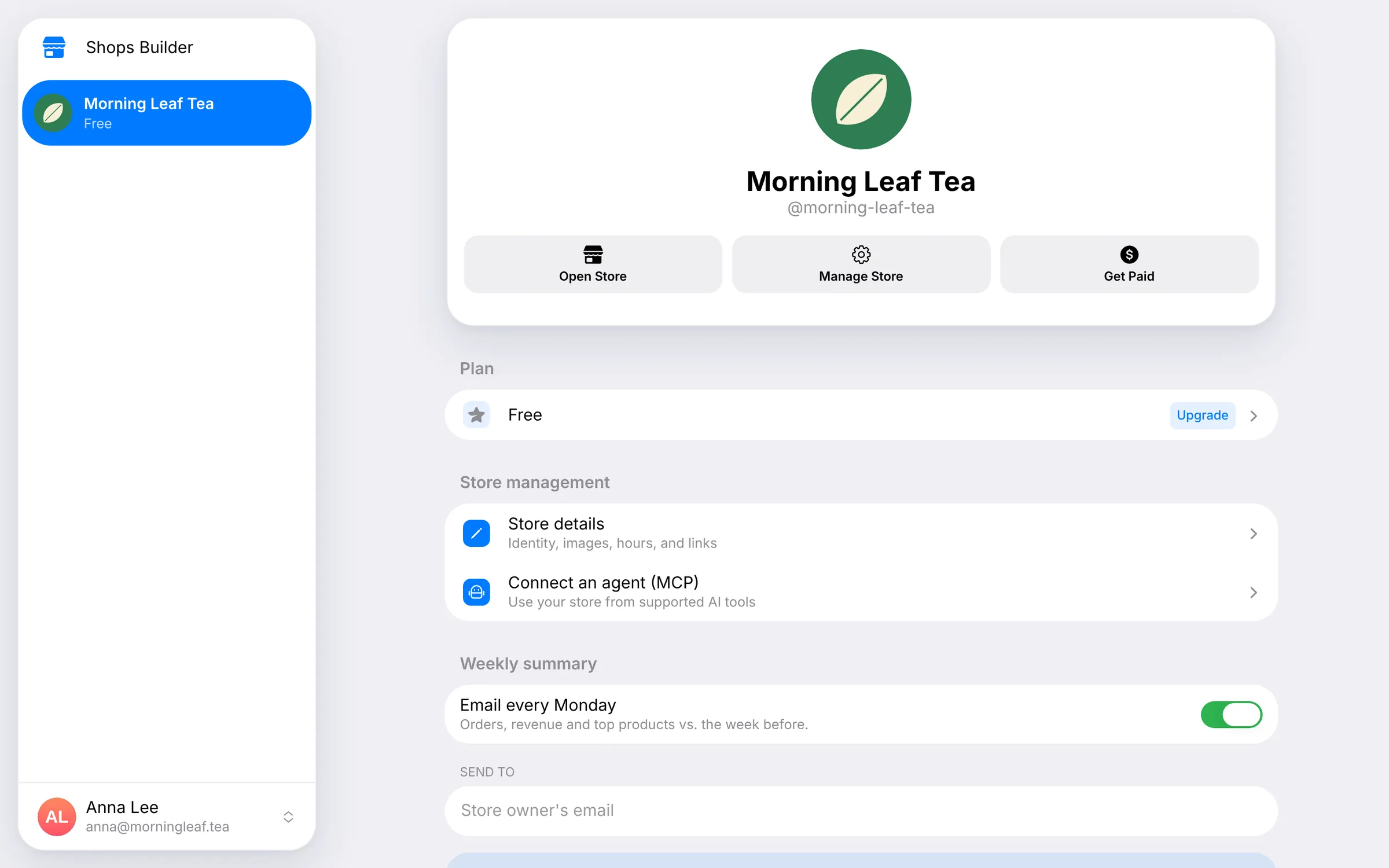 ShopsBuilder Builder: the Morning Leaf Tea shop with its plan, store details and AI agent settings